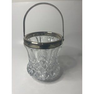 Vintage MCM Glass Ice Bucket with silver plated rim and handle
